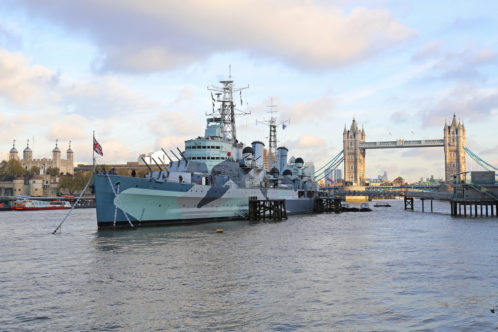 Royal Navy floating museum at Thames RIver in London, United Kingdom.